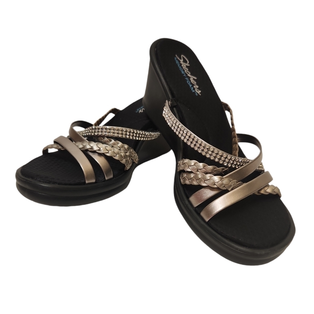 Skechers Women’s Metallic Bronze Wedge Sandals with Braided Straps